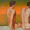 original oil painting man body gay art- two male nude at the seaside#16-2-2-09