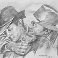 original charcoal drawing art portrait  of cowboys on paper #16-3-18-01